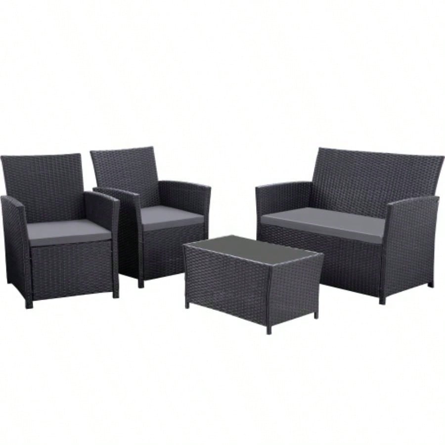 4 Piece Outdoor PE Wicker Furniture Set, Patio Black Rattan Sectional Sofa Couch with Washable Cushions