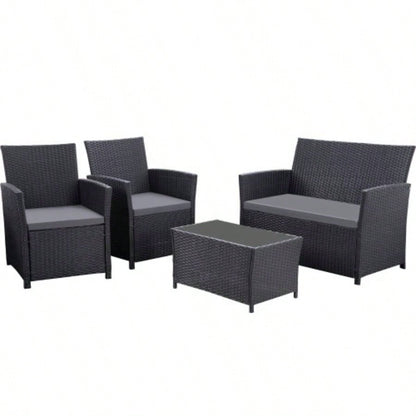 4 Piece Outdoor PE Wicker Furniture Set, Patio Black Rattan Sectional Sofa Couch with Washable Cushions