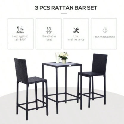 Outsunny 3pcs Rattan Bar Set with Glass Top Table, 2 Bar Stools Outdoor, Patio, Garden, Poolside, Backyard