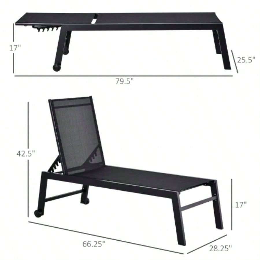 Outsunny Outdoor Lounge Chair, Patio Lounger with 5 - Position Reclining Backrest and 2 Wheels Poolside, Beach, Lawn, Black