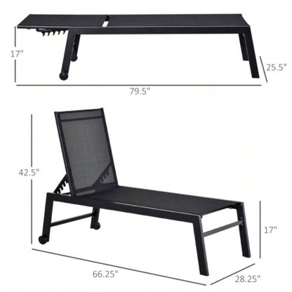 Outsunny Outdoor Lounge Chair, Patio Lounger with 5 - Position Reclining Backrest and 2 Wheels Poolside, Beach, Lawn, Black