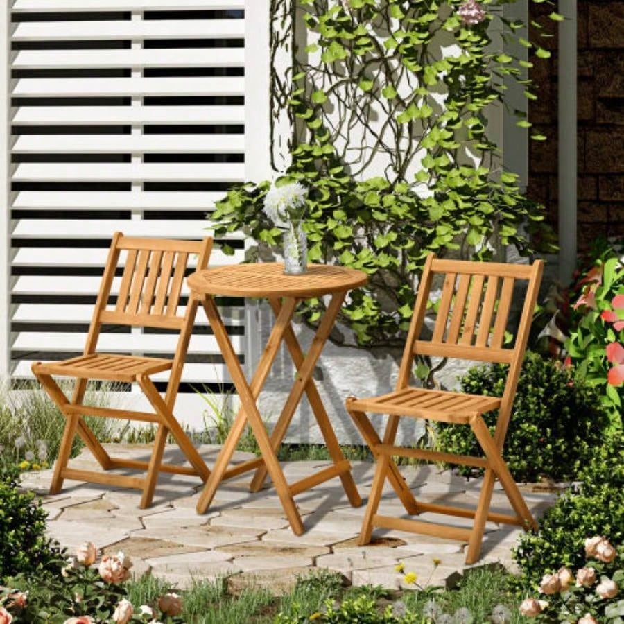 Outsunny 3 - Piece Acacia Wood Bistro Set, Folding Patio Furniture with 2 Folding Chairs and Round Coffee Table, Teak, Slatted, Backyard, Balcony, Deck, Natural