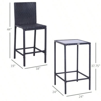 Outsunny 3pcs Rattan Bar Set with Glass Top Table, 2 Bar Stools Outdoor, Patio, Garden, Poolside, Backyard