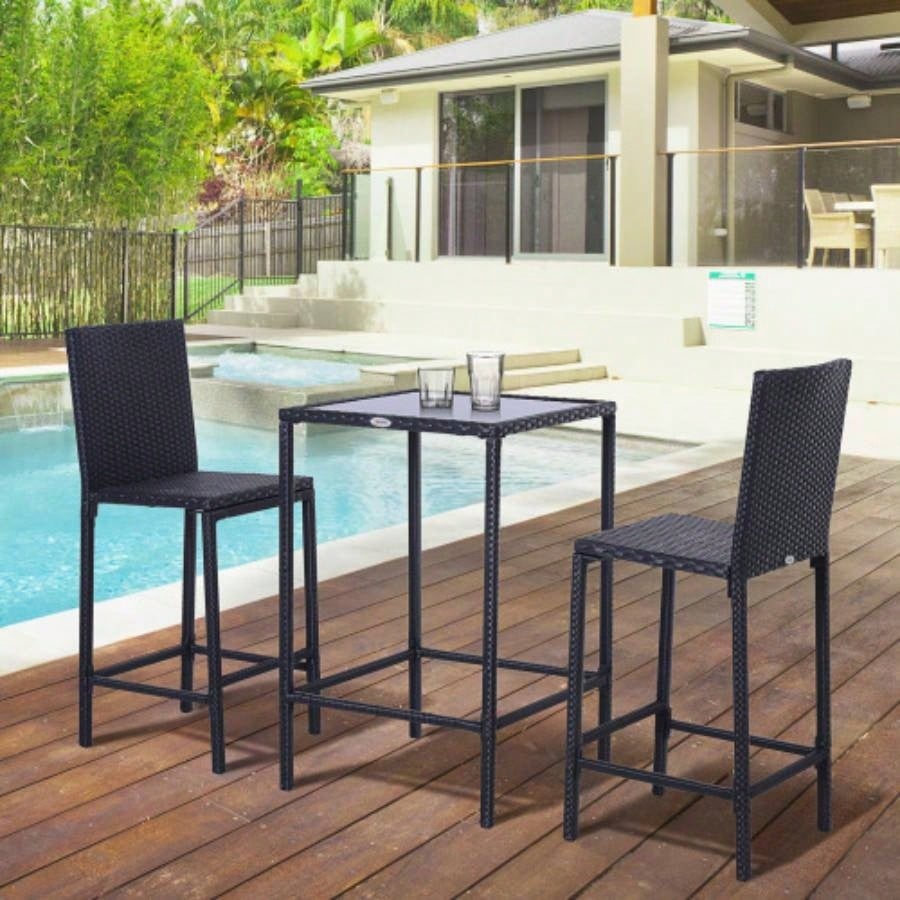 Outsunny 3pcs Rattan Bar Set with Glass Top Table, 2 Bar Stools Outdoor, Patio, Garden, Poolside, Backyard