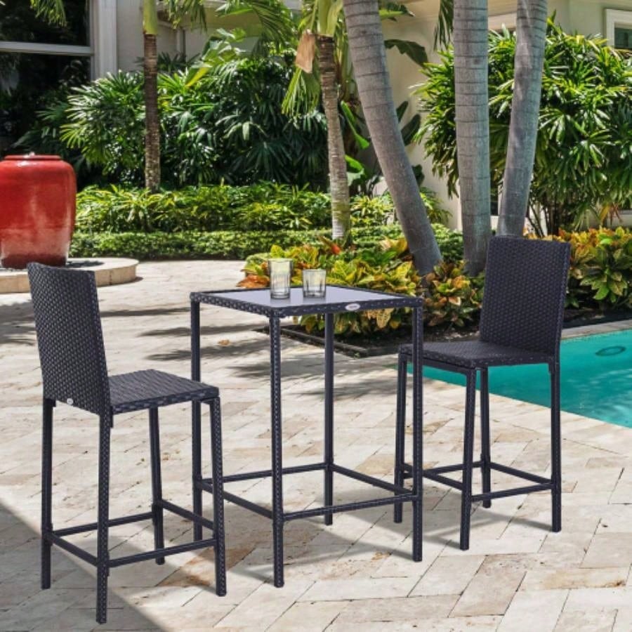 Outsunny 3pcs Rattan Bar Set with Glass Top Table, 2 Bar Stools Outdoor, Patio, Garden, Poolside, Backyard