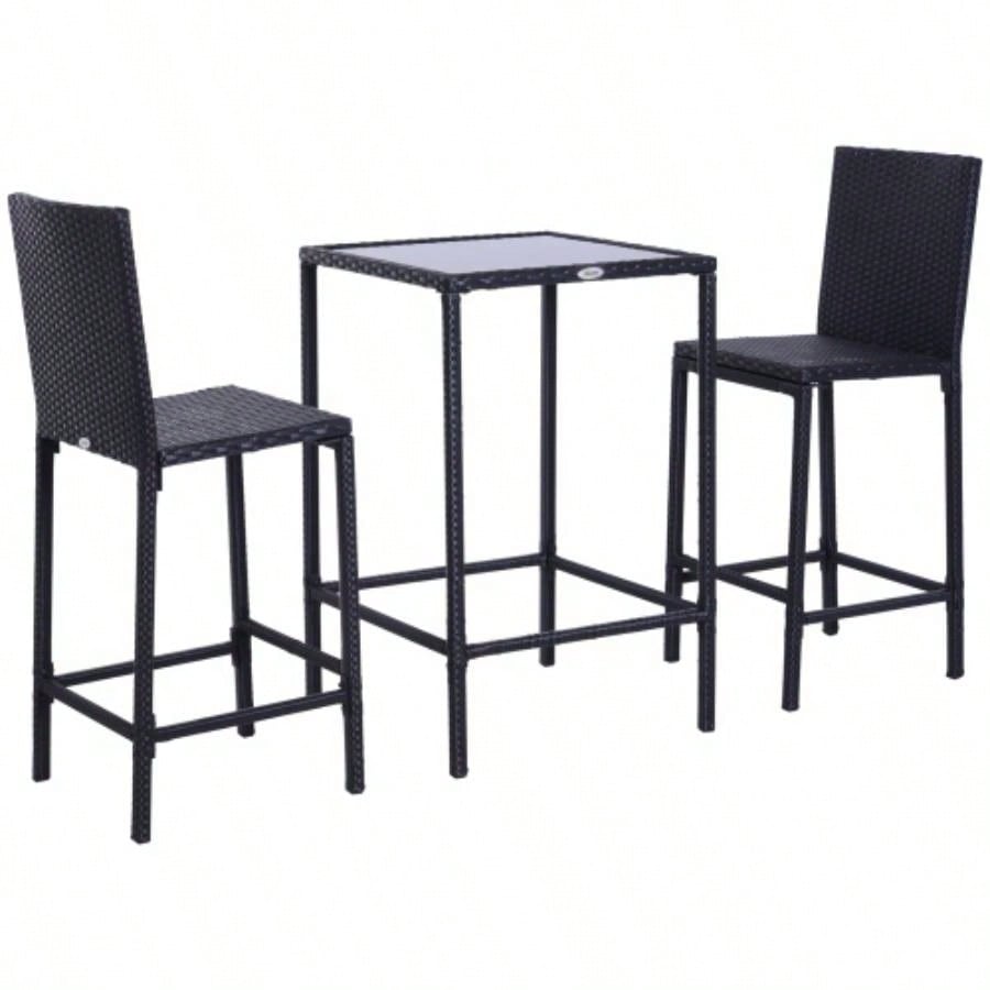 Outsunny 3pcs Rattan Bar Set with Glass Top Table, 2 Bar Stools Outdoor, Patio, Garden, Poolside, Backyard