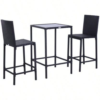 Outsunny 3pcs Rattan Bar Set with Glass Top Table, 2 Bar Stools Outdoor, Patio, Garden, Poolside, Backyard