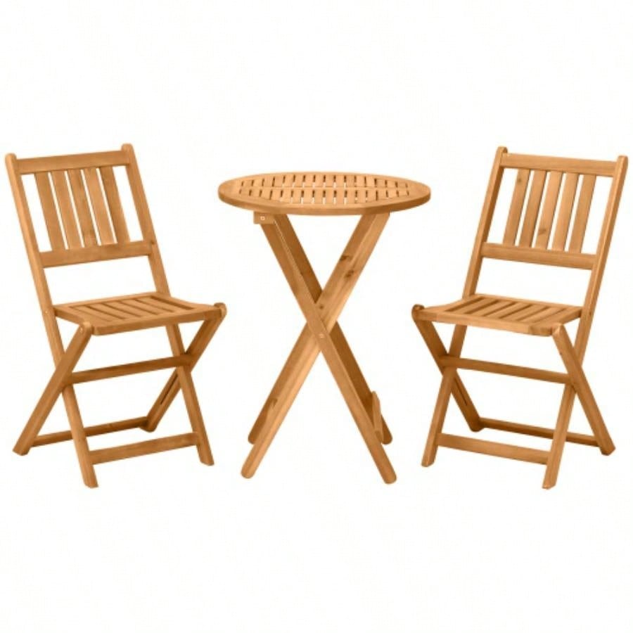 Outsunny 3 - Piece Acacia Wood Bistro Set, Folding Patio Furniture with 2 Folding Chairs and Round Coffee Table, Teak, Slatted, Backyard, Balcony, Deck, Natural