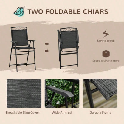 Outsunny 4 Piece Outdoor Patio Dining Furniture Set, 2 Folding Chairs, Adjustable Angle, Wave Textured Tempered Glass Dinner Table, Black