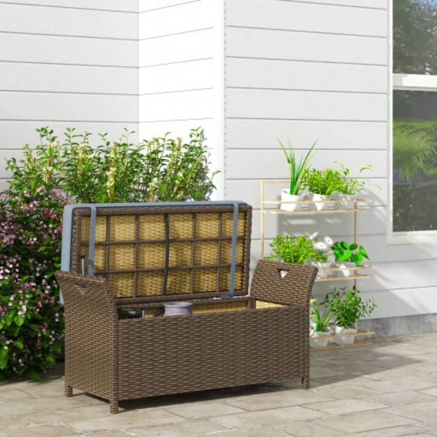 Outsunny 27 Gallon Patio Wicker Storage, Outdoor PE Rattan Patio Furniture, 2 - In - 1 Large Capacity Rectangle Garden Storage Box with Handles and Cushion, Dark Blue