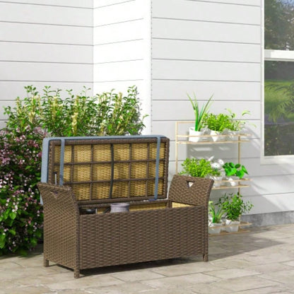 Outsunny 27 Gallon Patio Wicker Storage, Outdoor PE Rattan Patio Furniture, 2 - In - 1 Large Capacity Rectangle Garden Storage Box with Handles and Cushion, Dark Blue
