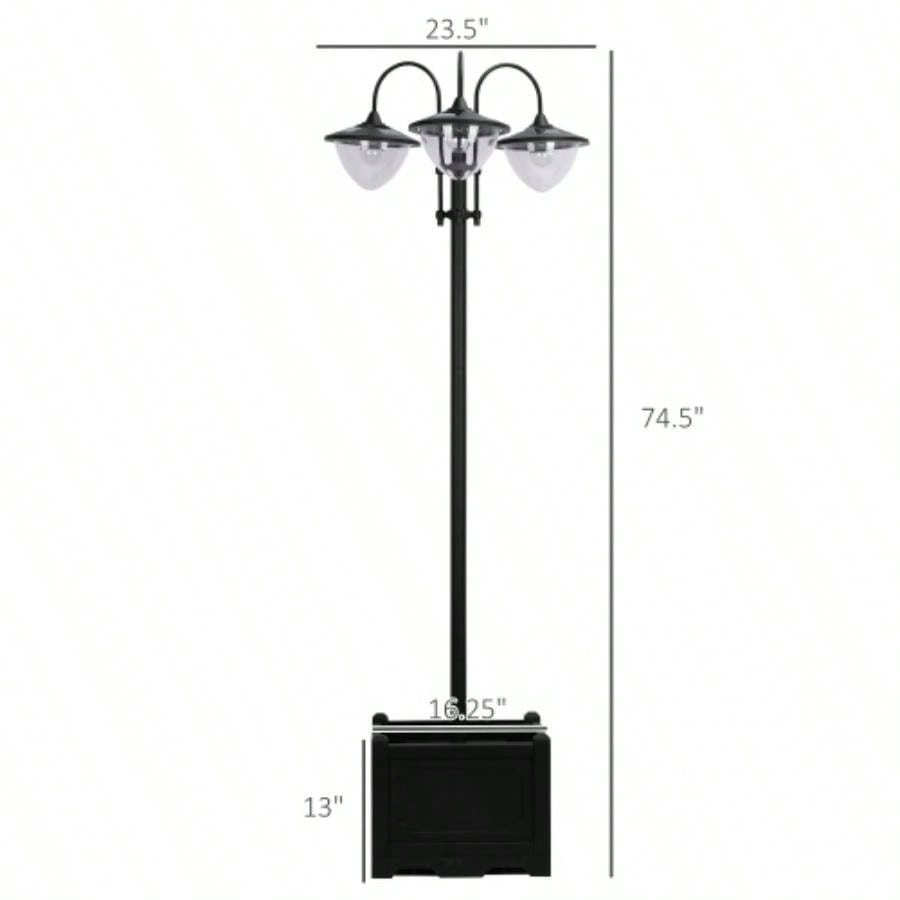 Outsunny 74.5 3 - Lamp Post Street Light with Planter, Automatic - on, 6 Hour Outdoor Ready LED Lighting, Black