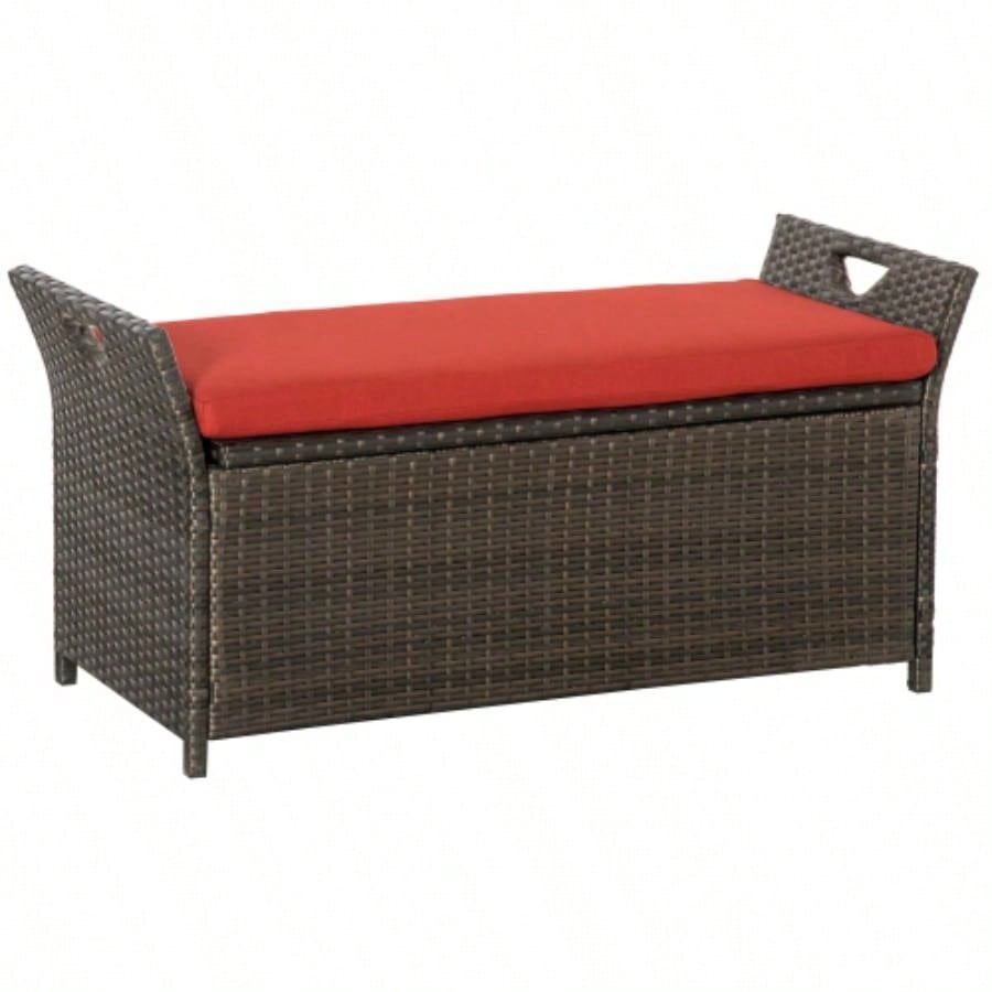 Outsunny 27 Gallon Patio Wicker Storage, Outdoor PE Rattan Patio Furniture, 2 - In - 1 Large Capacity Rectangle Garden Storage Box with Handles and Cushion, Red