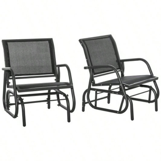 Outsunny Porch Glider Set of 2, Metal Frame Swing Glider Chairs with Breathable Mesh Fabric, Curved Armrests and Steel Frame Garden, Poolside, Backyard, Balcony, Black