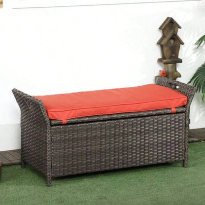 Outsunny 27 Gallon Patio Wicker Storage, Outdoor PE Rattan Patio Furniture, 2 - In - 1 Large Capacity Rectangle Garden Storage Box with Handles and Cushion, Red