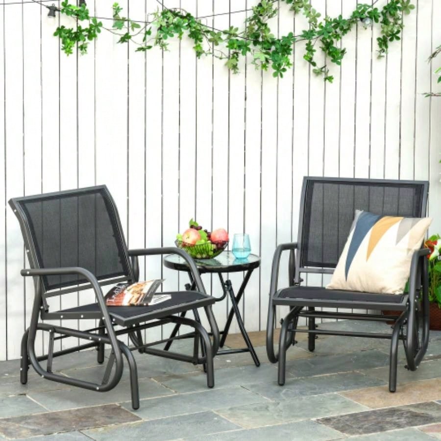 Outsunny Porch Glider Set of 2, Metal Frame Swing Glider Chairs with Breathable Mesh Fabric, Curved Armrests and Steel Frame Garden, Poolside, Backyard, Balcony, Black