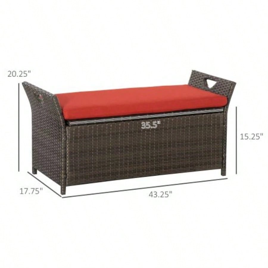 Outsunny 27 Gallon Patio Wicker Storage, Outdoor PE Rattan Patio Furniture, 2 - In - 1 Large Capacity Rectangle Garden Storage Box with Handles and Cushion, Red