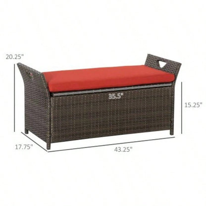 Outsunny 27 Gallon Patio Wicker Storage, Outdoor PE Rattan Patio Furniture, 2 - In - 1 Large Capacity Rectangle Garden Storage Box with Handles and Cushion, Red