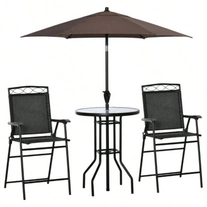 Outsunny 4 Piece Outdoor Patio Dining Furniture Set, 2 Folding Chairs, Adjustable Angle, Wave Textured Tempered Glass Dinner Table, Black