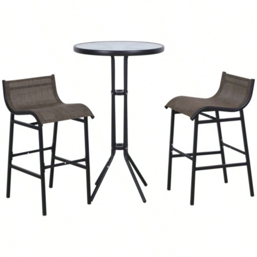 Outsunny 3 Piece Bar Height Outdoor Bistro Set 2, Round Patio Pub Table 2 Bar Chairs with Comfortable Design Strong Build, Tan