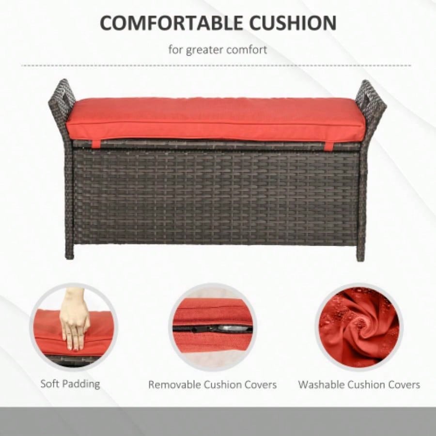 Outsunny 27 Gallon Patio Wicker Storage, Outdoor PE Rattan Patio Furniture, 2 - In - 1 Large Capacity Rectangle Garden Storage Box with Handles and Cushion, Red