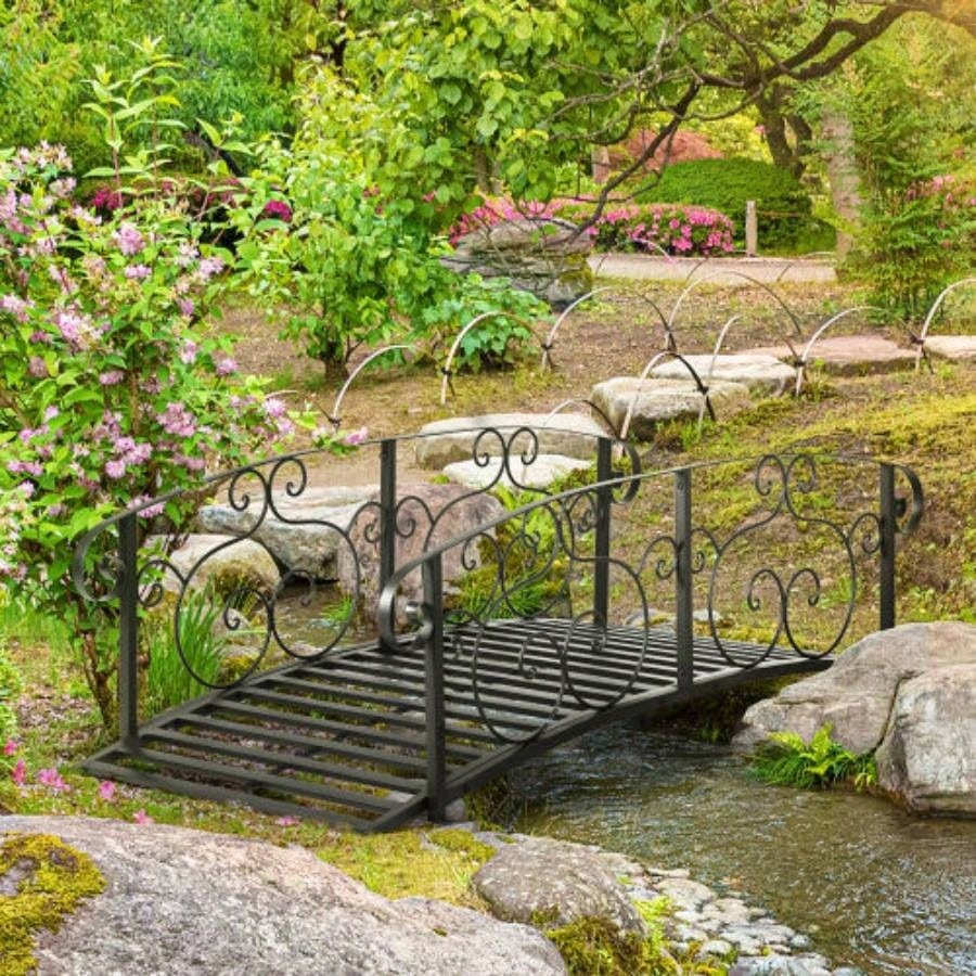 Outsunny 6 Metal Arch Backyard Garden Bridge, Safety Siderails, Footbridge Backyard, Stream, Pond, Black