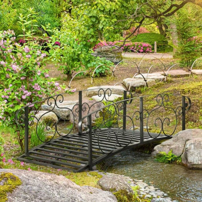 Outsunny 6 Metal Arch Backyard Garden Bridge, Safety Siderails, Footbridge Backyard, Stream, Pond, Black