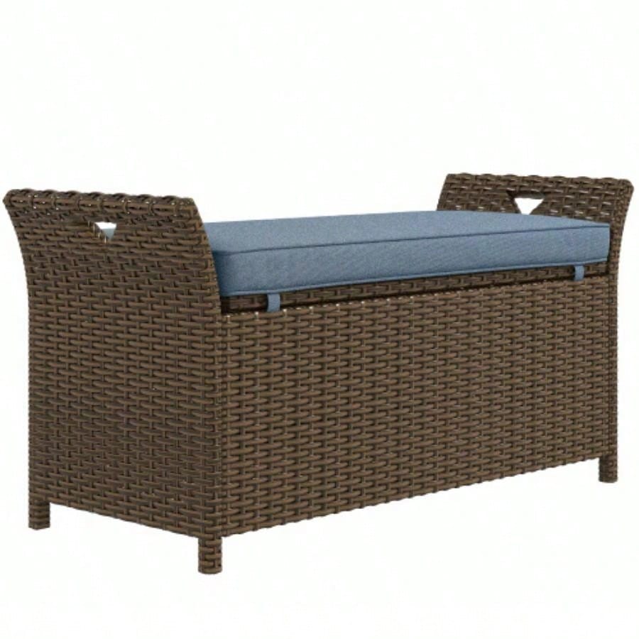 Outsunny 27 Gallon Patio Wicker Storage, Outdoor PE Rattan Patio Furniture, 2 - In - 1 Large Capacity Rectangle Garden Storage Box with Handles and Cushion, Dark Blue