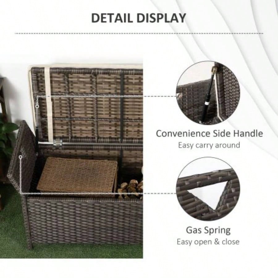 Outsunny 27 Gallon Patio Wicker Storage, Outdoor PE Rattan Patio Furniture, 2 - In - 1 Large Capacity Rectangle Garden Storage Box with Handles and Cushion, Red