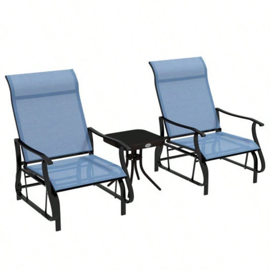 Outsunny 3 - Piece Outdoor Gliders Set Bistro Set with Steel Frame, Tempered Glass Top Table Patio, Garden, Backyard, Lawn, Light Blue