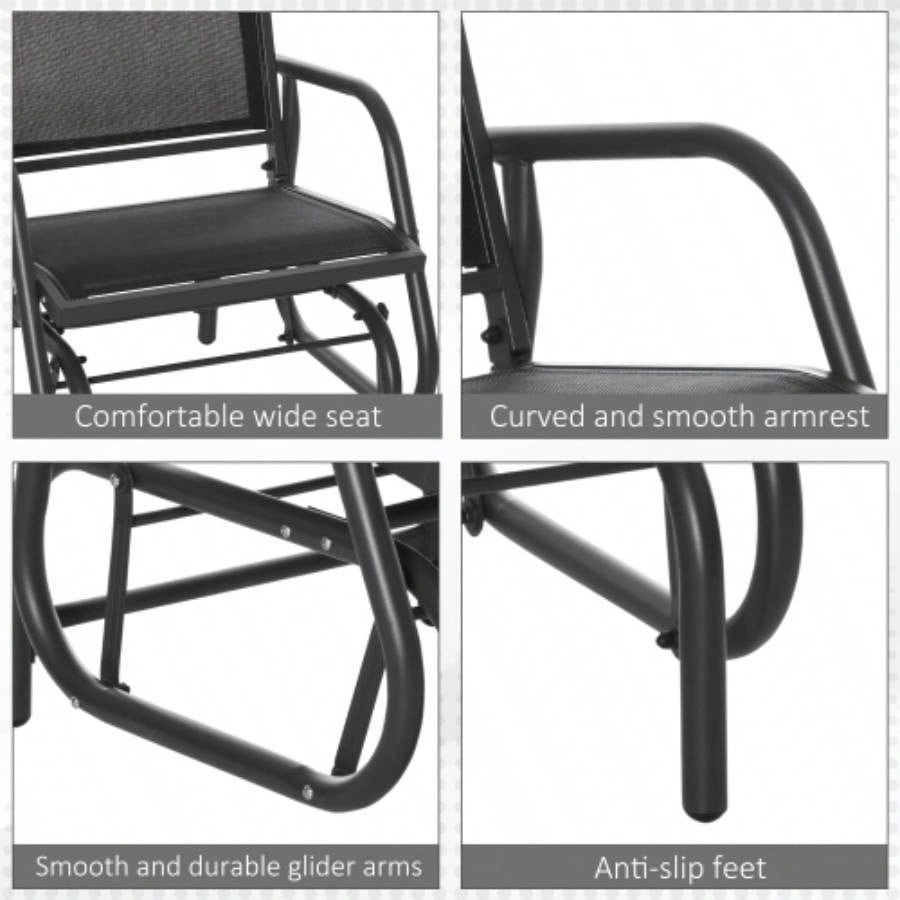 Outsunny Porch Glider Set of 2, Metal Frame Swing Glider Chairs with Breathable Mesh Fabric, Curved Armrests and Steel Frame Garden, Poolside, Backyard, Balcony, Black