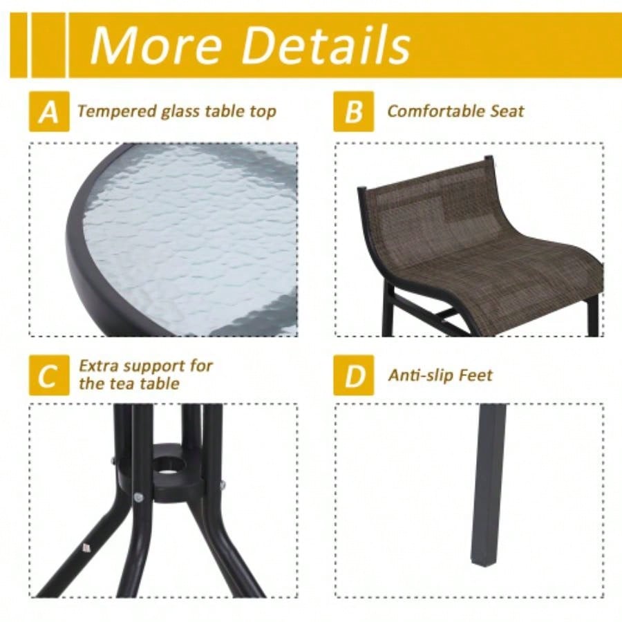Outsunny 3 Piece Bar Height Outdoor Bistro Set 2, Round Patio Pub Table 2 Bar Chairs with Comfortable Design Strong Build, Tan