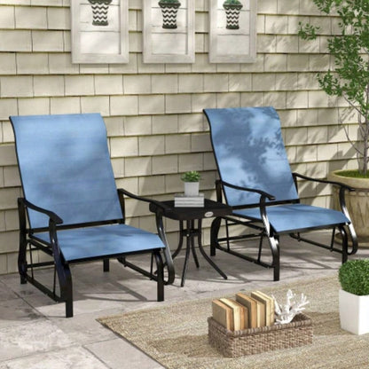 Outsunny 3 - Piece Outdoor Gliders Set Bistro Set with Steel Frame, Tempered Glass Top Table Patio, Garden, Backyard, Lawn, Light Blue