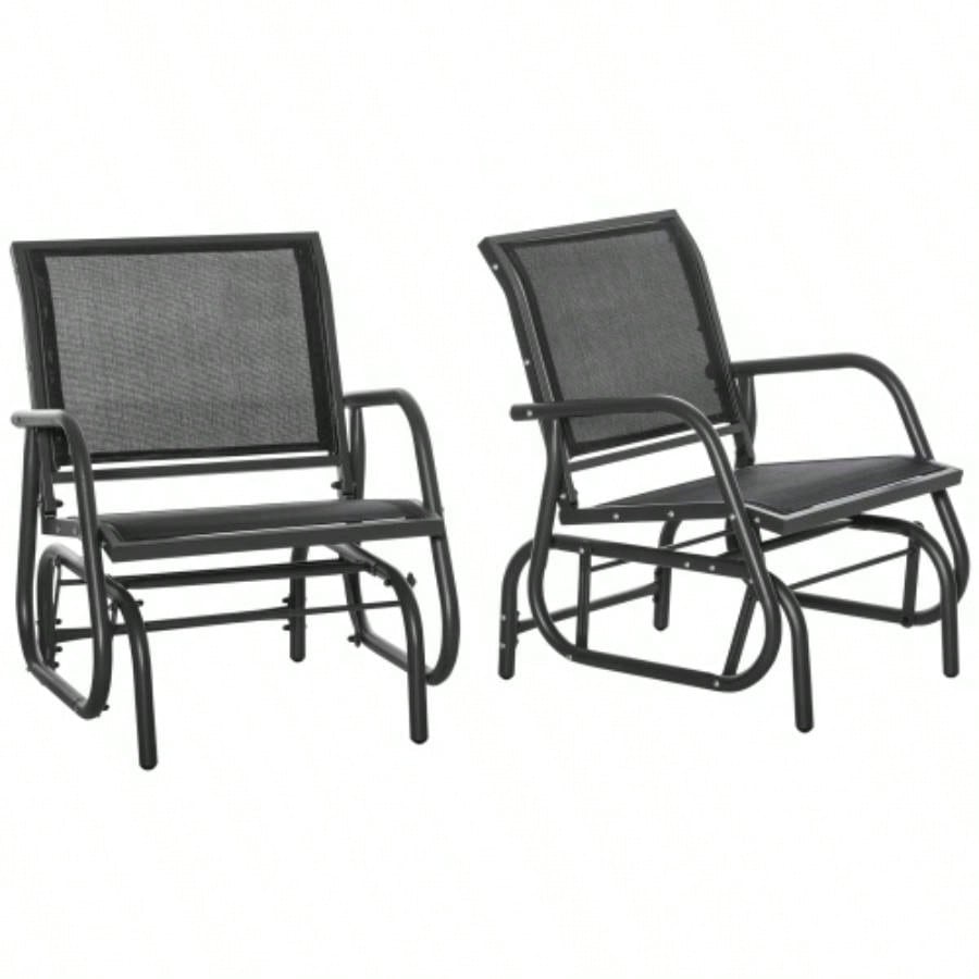 Outsunny Porch Glider Set of 2, Metal Frame Swing Glider Chairs with Breathable Mesh Fabric, Curved Armrests and Steel Frame Garden, Poolside, Backyard, Balcony, Black
