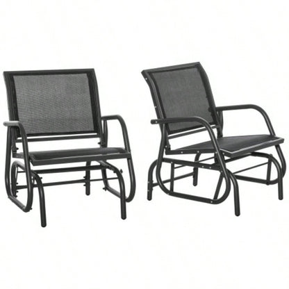 Outsunny Porch Glider Set of 2, Metal Frame Swing Glider Chairs with Breathable Mesh Fabric, Curved Armrests and Steel Frame Garden, Poolside, Backyard, Balcony, Black