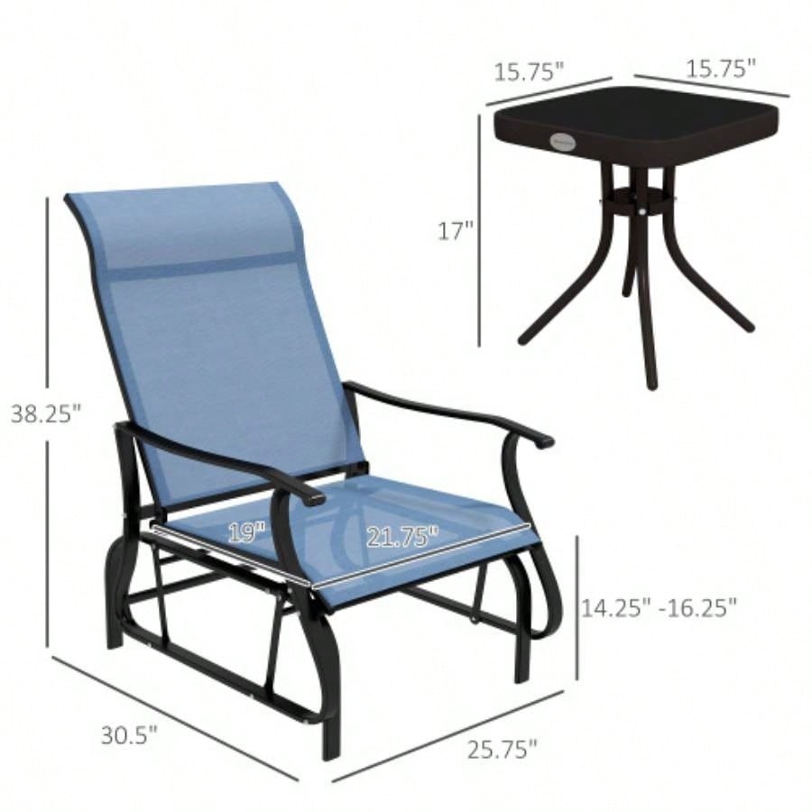Outsunny 3 - Piece Outdoor Gliders Set Bistro Set with Steel Frame, Tempered Glass Top Table Patio, Garden, Backyard, Lawn, Light Blue