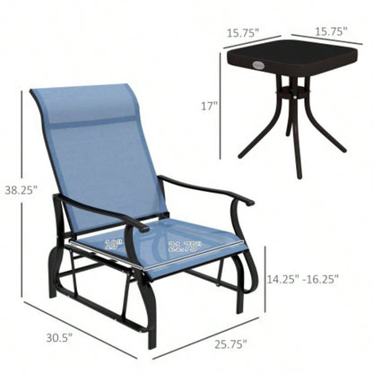 Outsunny 3 - Piece Outdoor Gliders Set Bistro Set with Steel Frame, Tempered Glass Top Table Patio, Garden, Backyard, Lawn, Light Blue