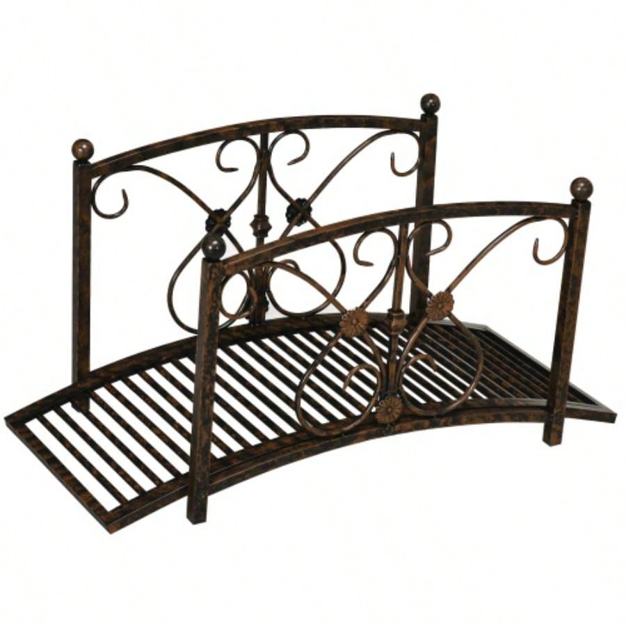 Outsunny 3.3FT Metal Arch Zen Garden Bridge with Safety Siderails, Decorative Footbridge, Delicate Floral Scrollwork Stream, Fish Pond, Brown