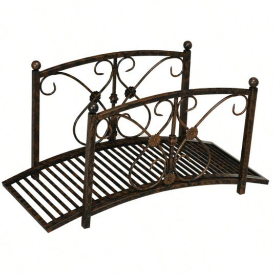 Outsunny 3.3FT Metal Arch Zen Garden Bridge with Safety Siderails, Decorative Footbridge, Delicate Floral Scrollwork Stream, Fish Pond, Brown