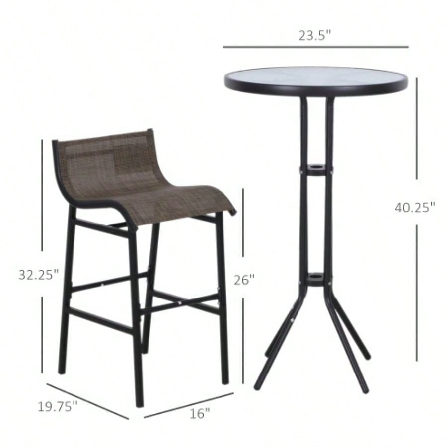 Outsunny 3 Piece Bar Height Outdoor Bistro Set 2, Round Patio Pub Table 2 Bar Chairs with Comfortable Design Strong Build, Tan
