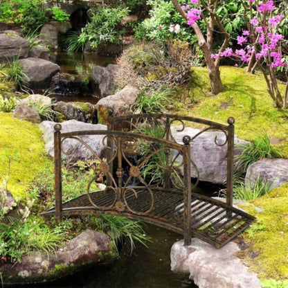 Outsunny 3.3FT Metal Arch Zen Garden Bridge with Safety Siderails, Decorative Footbridge, Delicate Floral Scrollwork Stream, Fish Pond, Brown