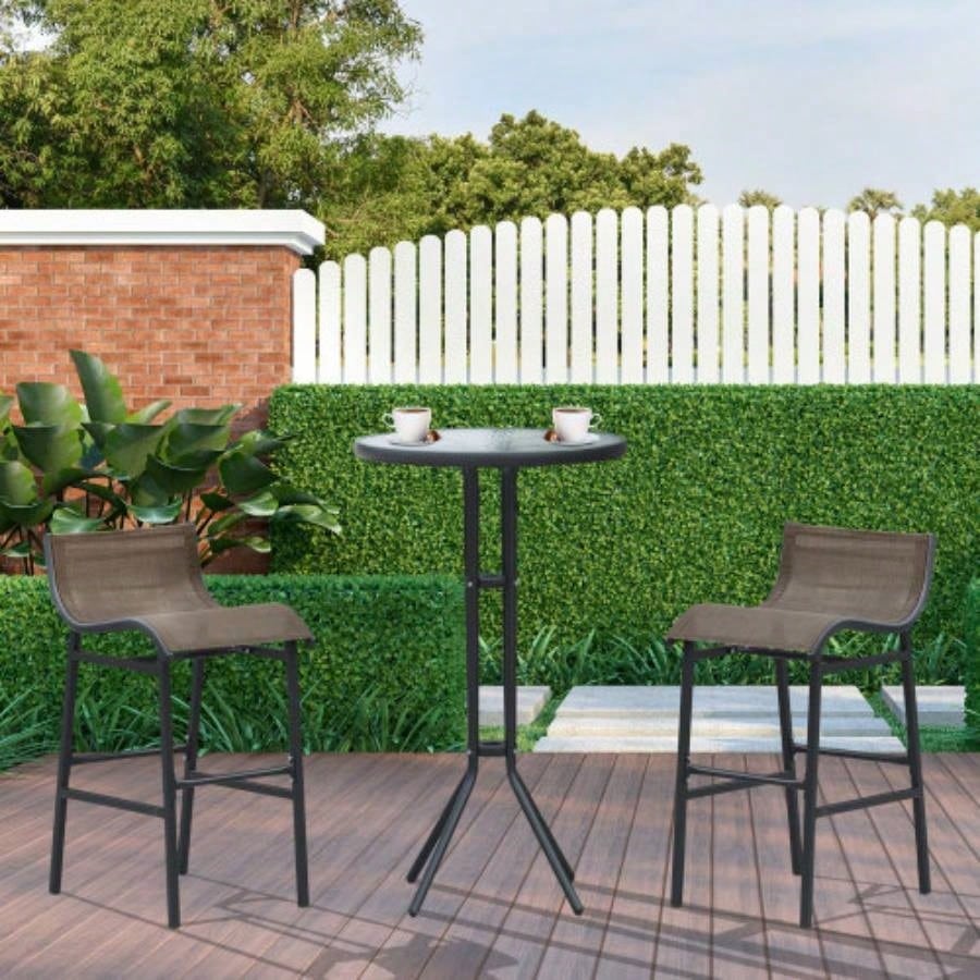 Outsunny 3 Piece Bar Height Outdoor Bistro Set 2, Round Patio Pub Table 2 Bar Chairs with Comfortable Design Strong Build, Tan
