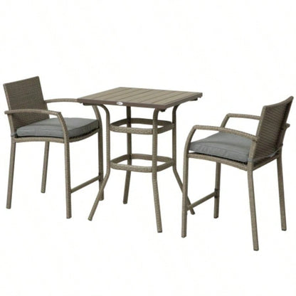 Outsunny 3 PCS Rattan Wicker Bar Set with Wood Grain Top Table and 2 Bar Stools Outdoor, Patio, Poolside, Garden,