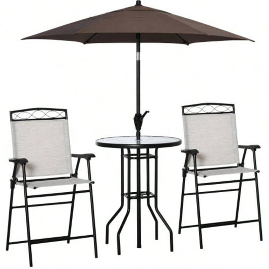 Outsunny 4 Piece Outdoor Patio Dining Furniture Set, 2 Folding Chairs, Adjustable Angle, Wave Textured Tempered Glass Dinner Table, Beige