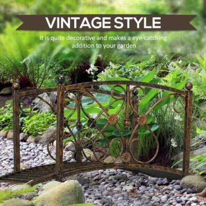 Outsunny 3.3FT Metal Arch Zen Garden Bridge with Safety Siderails, Decorative Footbridge, Delicate Floral Scrollwork Stream, Fish Pond, Brown