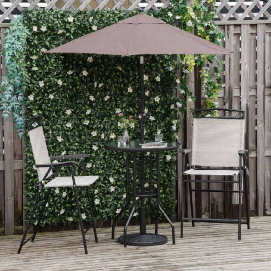Outsunny 4 Piece Outdoor Patio Dining Furniture Set, 2 Folding Chairs, Adjustable Angle, Wave Textured Tempered Glass Dinner Table, Beige