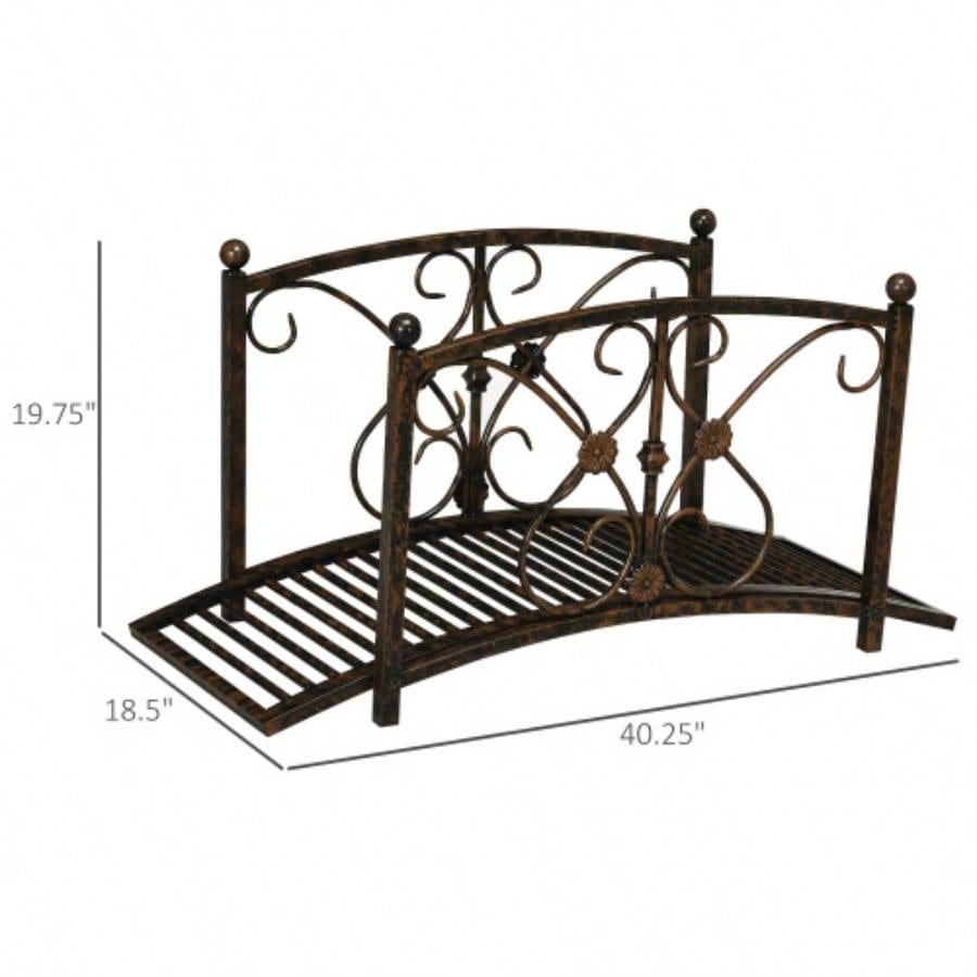 Outsunny 3.3FT Metal Arch Zen Garden Bridge with Safety Siderails, Decorative Footbridge, Delicate Floral Scrollwork Stream, Fish Pond, Brown