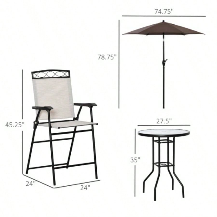 Outsunny 4 Piece Outdoor Patio Dining Furniture Set, 2 Folding Chairs, Adjustable Angle, Wave Textured Tempered Glass Dinner Table, Beige