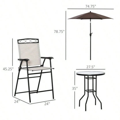 Outsunny 4 Piece Outdoor Patio Dining Furniture Set, 2 Folding Chairs, Adjustable Angle, Wave Textured Tempered Glass Dinner Table, Beige