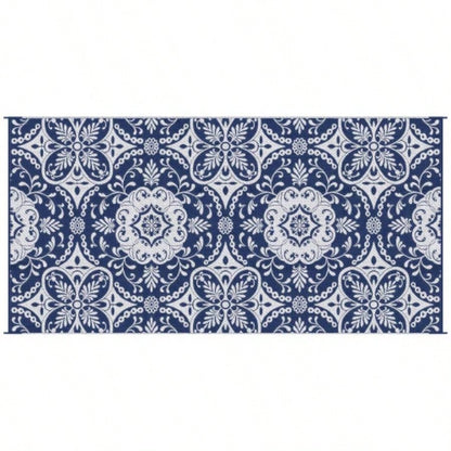Outsunny Reversible Outdoor Rug Carpet, 9x 18 Waterproof Plastic Straw Rug, Portable RV Camping Rugs with Carry Bag, Large Floor Backyard, Deck, Picnic, Beach, Blue White Floral